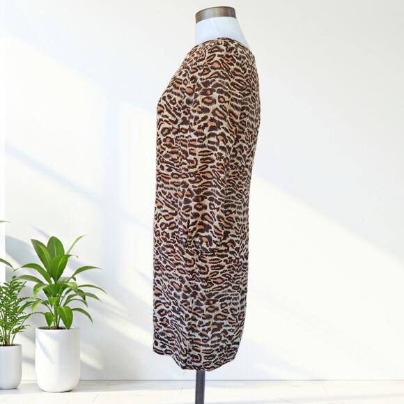AMOUR VERT Silk Leopard Print Shift Mini Dress Size Small Tan Brown 3/4 Sleeve - Picture 2 of 8